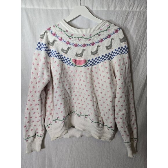 Vintage 80s Eddie Bauer Cute Ducks Watermelon Cotton Knit Pullover Sweater LRG - Picture 13 of 14
